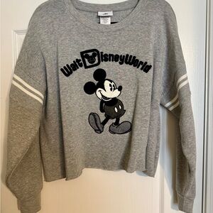 Disney Gray Mickey Mouse Crewneck Sweatshirt with White Sleeve Stripes